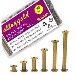 Alloygold 100 Pcs (50 Pair) Bronze Phillips Chicago Binding Screws Assorted Kits,6 Sizes of Flat Head Rivet Hollow Binding Screws Posts, for Leather Saddles Purses Belt Repair（M5 x 5/10/15/25/35/45）