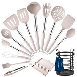 HOTEC Heat Resistant Silicone Kitchen Utensils, Cooking Utensil Set, Spatula Set, BPA Free, Kitchen Gadgets, With Stainless Steel Utensils Holder, Dishwasher Safe 14pcs Khaki