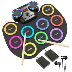 ROCKSOCKI Electronic Drum Set 9Pads with LED Lights, Bluetooth Portable Electronic Drum Kit, Roll-Up Practice Drum Pad, Built-in Dual Speakers, Headphone, Holiday Birthday Gift for Kids