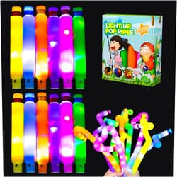 DJBoomy Light Up Pop Fidget Tubes: Glow Sensory Tube Stretch Toys for Kids Party Favors - Mini Plastic Pull Tubes Bulk with LED Lights Glowing Stick in the Dark (12 Pcs)