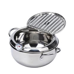 Elvaesther Deep Fryer Pot Tempura Frying Pan 304 Stainless Steel Flat Bottom Stove Top Japanese Style Cookware W/Lid & Temperature Control Thermometer 304#20cm fryer