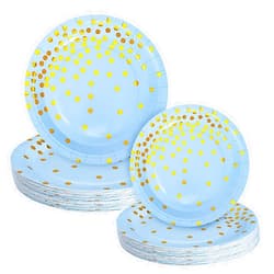 Homyplaza Gold Dots Party Paper Plates, Blue and Gold Foil Dot Disposable Paper Plates, Round Paper Plates for Party Supplies (Blue)