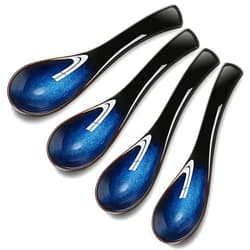 Geiserailie 4 Pieces Asian Ceramic Soup Spoons Set Long Handle Chinese Spoons Retro Blue Japanese Ramen Bowl Soup Spoon Suitable for Gravy, Cake, Oatmeal, Dumplings