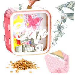 Kickduck 5-in-1 Piggy Bank for Kids-Wooden Money Saving Box, Savings Challenge Box($500/$1000/$2000/$3000/$10000), Kakeibo Money Box with Counter, Cash Vault Savings Box, Coin Bank for Girls-Butterfly