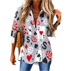 ShuDianhkqwe Playing Card Suit Casino Pattern Women's Shirt Cropped Tshirt V-Neck Shirt Button Down Blouses Tops