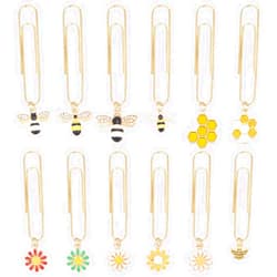 OLYCRAFT 12Pcs Mixed Shape Bee Flower Planner Clips Colorful Paper Clips Set Golden Long Paper Clips Bookmark with Pendants Book Clips Accessories for Documents Notebook Scrapbooks Office Supplies