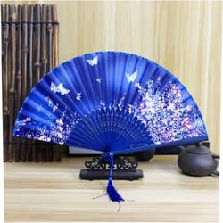 Axdt Folding Hand Fan - Chinese Japanese Vintage Bamboo Silk Fans, Foldable Hand Fan for Women, Suitable for Dance, Performance, Decoration, Party (Blue Butterfly)