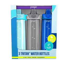 Pogo BPA Free Tritan Water Bottles with Flip Lid and Straw - 32 Ounce, 3 Pack - Sky, Blueberry, Gray