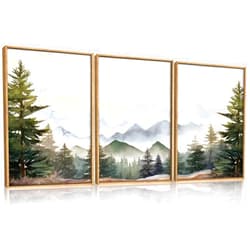 KAIRNE Framed Mountain Canvas Wall Art Set, Misty Forest Wall Decor, Green Pine Tree Wall Painting, Nature Widerness Landscape Art Print for Living Room, Bedroom, Study, Gallery - 16