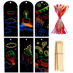 Anjmd Scratch Bookmarks Art for Kids 50 Set 2 Style Rainbow Scratch Paper DIY Bookmark Bulk with Scratching Tools Satin Ribbons for Classroom Activities
