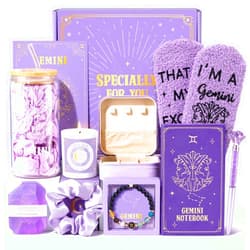 Suhctuptx Gemini Birthday Gifts for Women, 12PCS Purple Zodiac Gift Baskets for Women with 16 oz Gemini Glass Cup Candle Mini Jewelry Gift Box, Unique Womens Birthday Gifts for Sister, Her, Best Friend, Mom