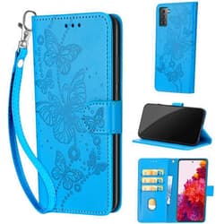 KENHONER Designed for Samsung Galaxy S21 5G Case Wallet,Women Flip Folio Cover with Embossed PU Leather Stand Credit Card Holders Slots Wrist Strap Phone Case for Samsung S21 5G (Blue Butterfly)