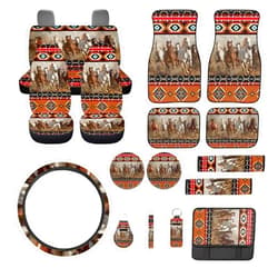 Baxinh Aztec Southwest Car Seat Cover Full Set, Horse Printed Front and Back Seat Covers Car Floor Mats Steering Wheel Cover Armrest Cover Seatbelt Strap Cover Auto Interior Accessories 17 Pack