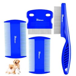 BRILLIRARE 4 Pack Dog Grooming Comb, Pet Flea Lice Combs, Stainless Steel Cat Combs with Rounded Teeth, Double Sided Professional Pet Tear Stain Remover, Dematting Tool for Small, Medium & Large Pets