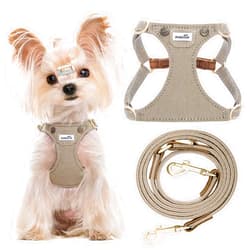Puppytie No Pull xs Dog Harness with Multifunction Dog Leash,Soft Adjustable No Choke Escape Proof Pet Harness Vest,Denim Mocha Brown,XXS