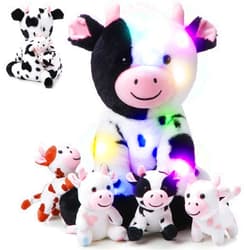 Sumind 5 Pcs Cow Plush Animals Set Mommy Cow Stuffed Animal with 4 Baby Cute Cows in Her Tummy Mommy Cow and Baby Small Plush Cow for Boys Girls(LED)