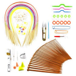 RioRand Knitting Needles Set,18 Pairs 18 Sizes Bamboo Circular Knitting Needles with Colored Tube + 36 Pcs 18 Sizes Single Bamboo Knitting Needles+ Basic Knitting Tools Accessories