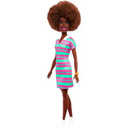 Barbie Fashionistas Doll #247 with Curly Black Hair, Pink and Green Striped Collared Dress with Accessories Like Orange Watch and White Sneakers