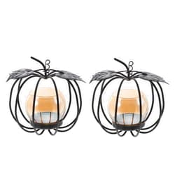 GOOHOCHY 2pcs Wrought Iron Pumpkin Candle Holder Halloween Home Decor Taper Candle Holders Table Candlestick Vintage Wedding Decor Fall Decorations for Home Cage Autumn Glass Tea Light