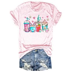 Beopjesk Women's Easter Day Shirts Spring Cute Family Happy Hip Hop Easter Bunny Coffee Floral Graphic Tees Tops