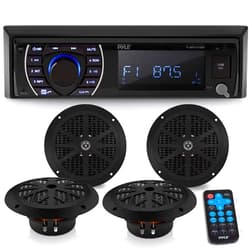 Pyle Marine Head Unit Receiver Speaker Kit - In-Dash LCD Digital Stereo Built-in Bluetooth & Microphone w/ AM FM Radio System 6.5’’ Waterproof Speakers (4) MP3/SD Readers & Remote Control -PLMRKT48BK