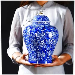 Honorom Blue and White Ginger Jars Vase Ceramic Temple Jar Decorative Jars Porcelain Vase Oriental Furniture Fireplace Decorations for Living Room Home Table (Size : Medium)