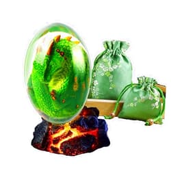 AIERAI Lava Dragon Egg with Luminous Base Ornaments&Gift Bag,Crystal Transparent Resin Dragon Egg,Handmade Sculpture Fire Pocket Dragon Souvenir for Desktop Ornaments Exquisite Unique Gift (Green)