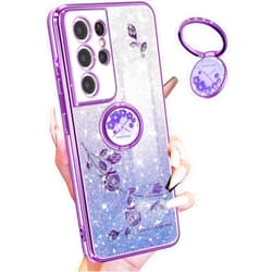 Coralogo (3in1 for Samsung Galaxy S21 Ultra Case Glitter Sparkly for Women Girls Sparkle Girly Bling Shiny Cover Cute Flowers Floral Design with Ring Pretty Purple Cases for Galaxy S21 Ultra 5G 6.8''