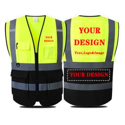 Shmimy Custom Logo Safety Vest, Class 2 Personalized Reflective Vest with 5 Pockets (Yellowblack, L)