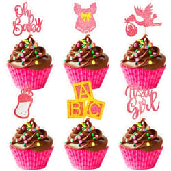 VCGUDOE 28 PCS Oh Baby Cupcake Toppers Baby Girl Cupcake Toppers with Dress Rose Gold Glitter Cupcake Cake Decorations for Baby Shower Birthday Party Supplies