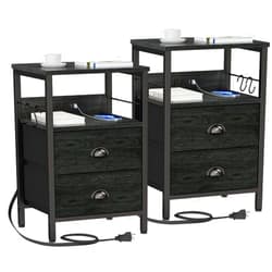 Furologee Nightstand Set of 2, Black Oak, with Charging Station and USB Ports, Side Tables with 2 Fabric Drawers, Bedside Tables with Storage Shelf & Hooks, for Living Room/Bedroom