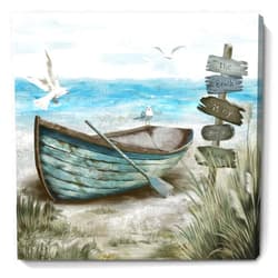 Amatop Bathroom Wall Art Coastal Décor Nautical Boat on Beach Canvas Picture Ocean Seagull Seascape Canvas Print Sea Bird Farmhouse Artwork for Seashore Bedroom Living Room Small Square Blue Teal 14x14