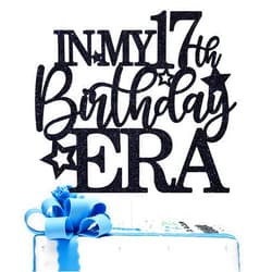 Hequoyer in My 17th Birthday Era Cake Topper,Hello 17/Cheers to 17 Years, Happy 17th Birthday Party Decoration Supplies for Boys Girls, Black Glitter