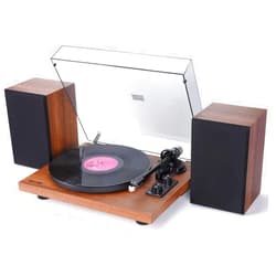 SKEVONO Vintage Record Player with External Speakers, Belt-Drive Turntable for Vinyl Records Dual Stereo Speakers, 2-Speed Hi-Fi System Bluetooth Turntable Players with Stereo Bookshelf