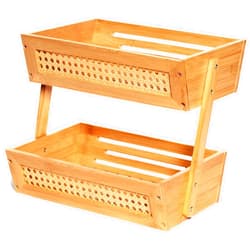 Gennua Kitchen Bamboo Fruit Basket for Kitchen Counter & Beyond | Elegant 2-Tier Vegetable & Fruit Holder Combines Beautiful Solid Bamboo & Breathable Rattan Mesh for Produce Storage & More