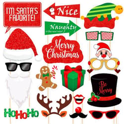 Jokmae Glitter Christmas Photo Booth Props Kit - 25 Count Large Photography Party Decorations Gifts, Fun Santa Elfie Selfie Posing Signs DIY Craft Backdrop Accessories for Birthday New Year Holiday