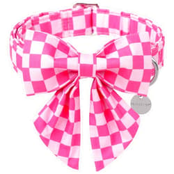 UP URARA PUP Dog Collar with Bow Tie,UP URARA PUP Pink Plaid Bowtie Dog Collar, Summer Bowtie Collar for Puppy Boy Girl Dog, Comfortable Cotton Dog Collar with Metal Buckle,S