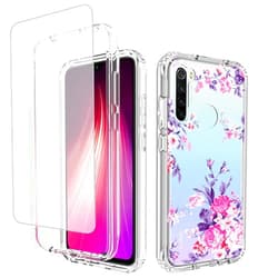 Yerebel Case for Redmi Note 8 (2019/2021) M1908C3JH with Tempered Glass Screen Protector, Floral Design Shockproof Bumper Full Body Protective Cell Phone Cover for Xiaomi Redmi Note 8 (Rose)