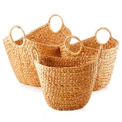 Casafield Set of 3 Multipurpose Boat Baskets with Handles - Natural, Woven Water Hyacinth Storage Organizers for Throw Blankets, Bedroom, Living Room, Laundry