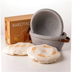 BARoyal Crispier Crust Cotton Rope Banneton Bread Proofing Basket Set, Oval & Round Bread Baskets with Liners & Covers for Artisan Bread Baking, Sourdough Bread Baking Supplies(Gray)