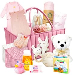 Beyond The Box New Baby Diaper Bag Caddy Organizer, New Baby Girl Gift Basket gift set | w/Newborn Essentials Care, with baby clothes Keepsakes & More Pink & White