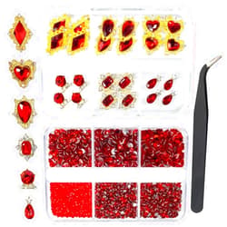 Qiipii 24pcs Red Luxury Nail Charms +2000pcs Ruby Red Rhinestones 3D Big Nail Gems K9 Glass Nail Crystals Diamonds Jewelry Stones Alloy Nail Art Studs Decor Supplies Heart Charms for Arylic Nails Crafts DIY