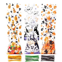 CCINEE Halloween Cellophane Treat Bags, 150pcs Halloween Plastic Clear Candy Bags with 300pcs Twists for Snacks Cookies Packing