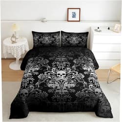 Erosebridal Adults Gray Damask Bedding Set Antique Victorian Baroque Comforter Set Full Size,Gothic Vintage Floral Quilt Exotic Sugar Skull Duvet Insert,Gothic Bone Skeleton Bohemian Decor,Black
