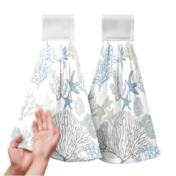 Kwlegh Nautical Blue Coral Hanging Hand Towels Set of 2 Coastal Seashell Starfish Kitchen Towels with Hanging Loop Ocean Beach Theme Bath Towels Soft Absorbent Fingertip Dish Tie Towel for Bathroom