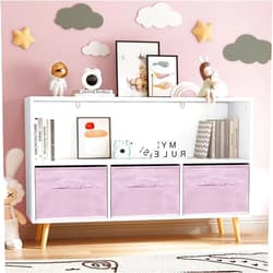 Voqoomkl Toy Storage Organizer with 3 Collapsible Fabric Drawers,Corner Bookcase with Open Shelf and Wide Top, Storage Cabinet Book Display with Wooden Legs for School Classroom,Playroom,Pink