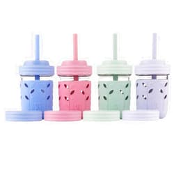 Elk and Friends Kids + Toddler Glass Cups | The Original 8oz Glass Mason Jar with Sleeves + Lids | Silicone Straws + Stopper | Smoothie Cup | Food Storage | Spill Resistant | Dishwasher Safe | 4 Pack