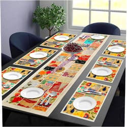 Handicraft Bazarr Khambadiya Patchwork Cotton Table Runner Set Cotton Handmade Embroidery 16x48 inch Runner & 12x18 inch Place Mat Set for Home Decor (White)