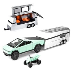 EROCK 1/32 Pickup Truck and Trailer Toys with Light and Pull Back, Alloy Diecast Pickup Trailer RV Model Kit, Diecast Model Car Toy Truck and Trailer for Boys Adults as Birthday Gifts (Green)