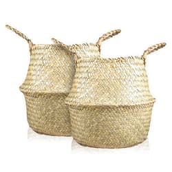 Malefabrics 2-Pack Large Seagrass Belly Baskets - Handmade Storage Basket for Toys, Laundry, Picnic, Blanket Storage - Foldable and Eco Friendly